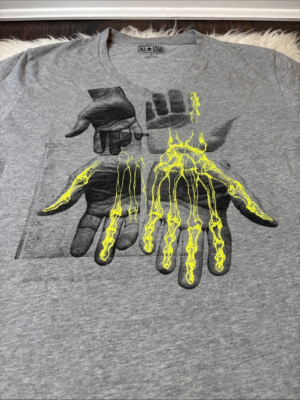 Converse All Star Gray Graphic T-Shirt Neon X-Ray Skeleton Hands size Med - Picture 2 of 12